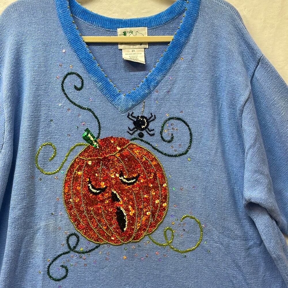 The Quaker Factory Halloween V-Neck Light Blue Sequin Pumpkin Spider Sweater‎ 2X